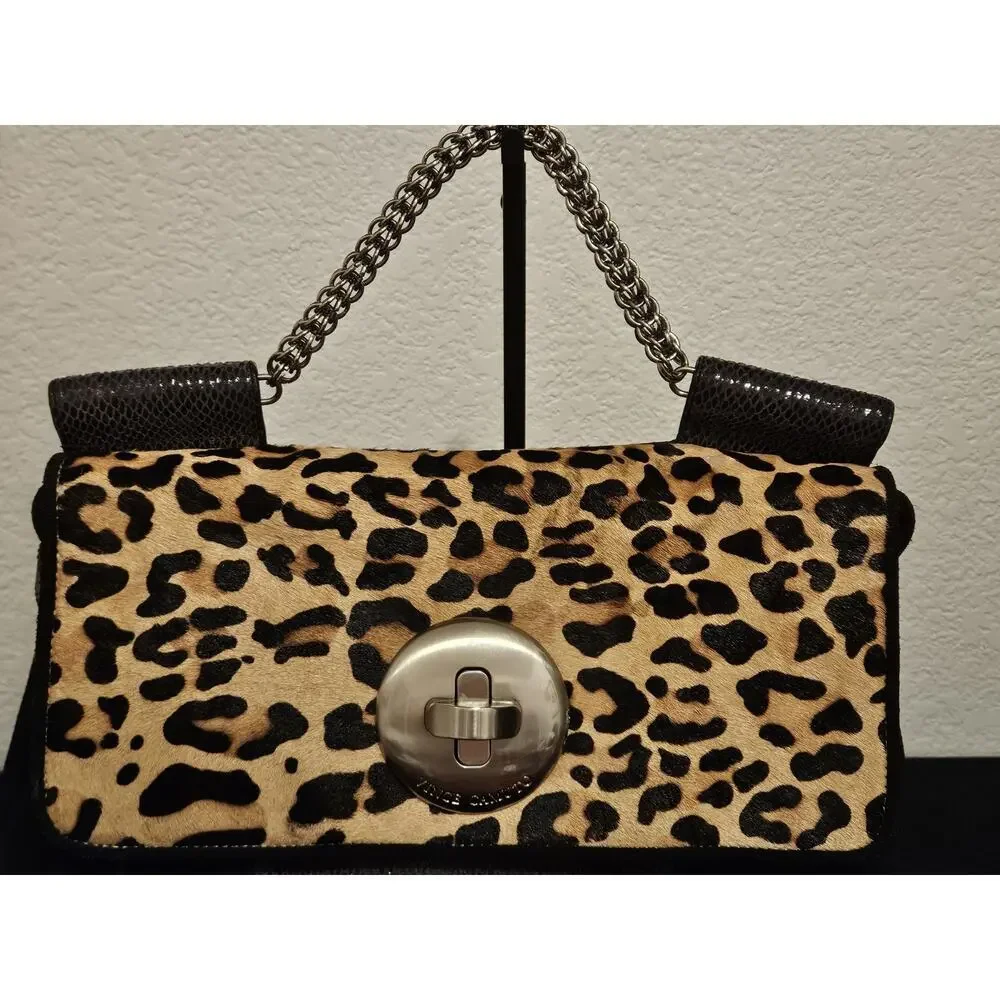 Vince Camuto Leather Animal Print Metal Handle Handbag 16x11x3 EUC
